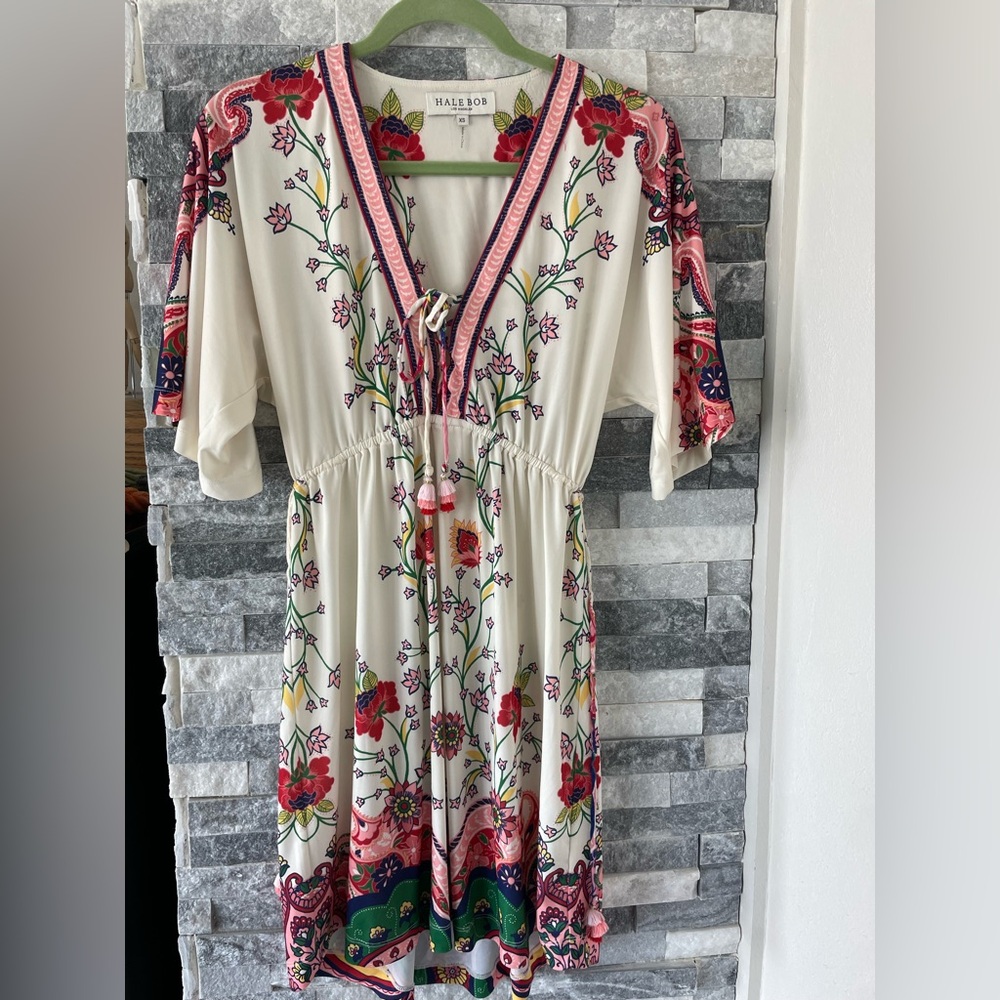 Women's HALE BOB Short Sleeve Mini Floral Jersey Dress-Tassels-XS